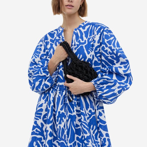 NWT H&M Bright Blue Pattern Linen Blend Short Dress Size: Medium - Picture 4 of 12